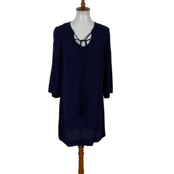Diane Von Furstenberg Navy Boho Tassel Tie Tunic Dress Rayon Flowy Chic 4 - Picture 1 of 7
